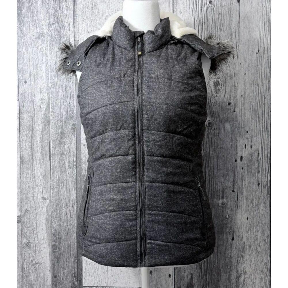 Green Tea Black Puffer Sleeveless Vest Hooded Faux Fur Sherpa Jacket Womens S